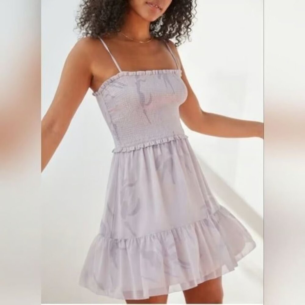 Aritzia Wilfred Tempest Smocked Sleeveless Mini Dress, Lilac Floral, M